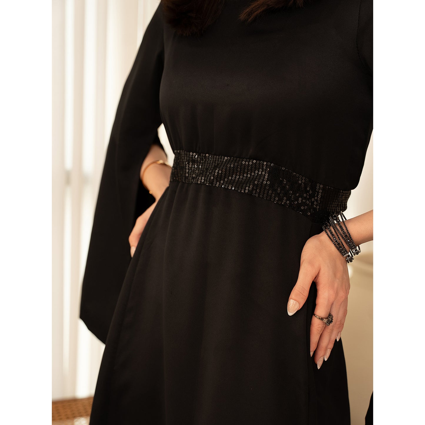 Black Slit-Sleeve Long Dress