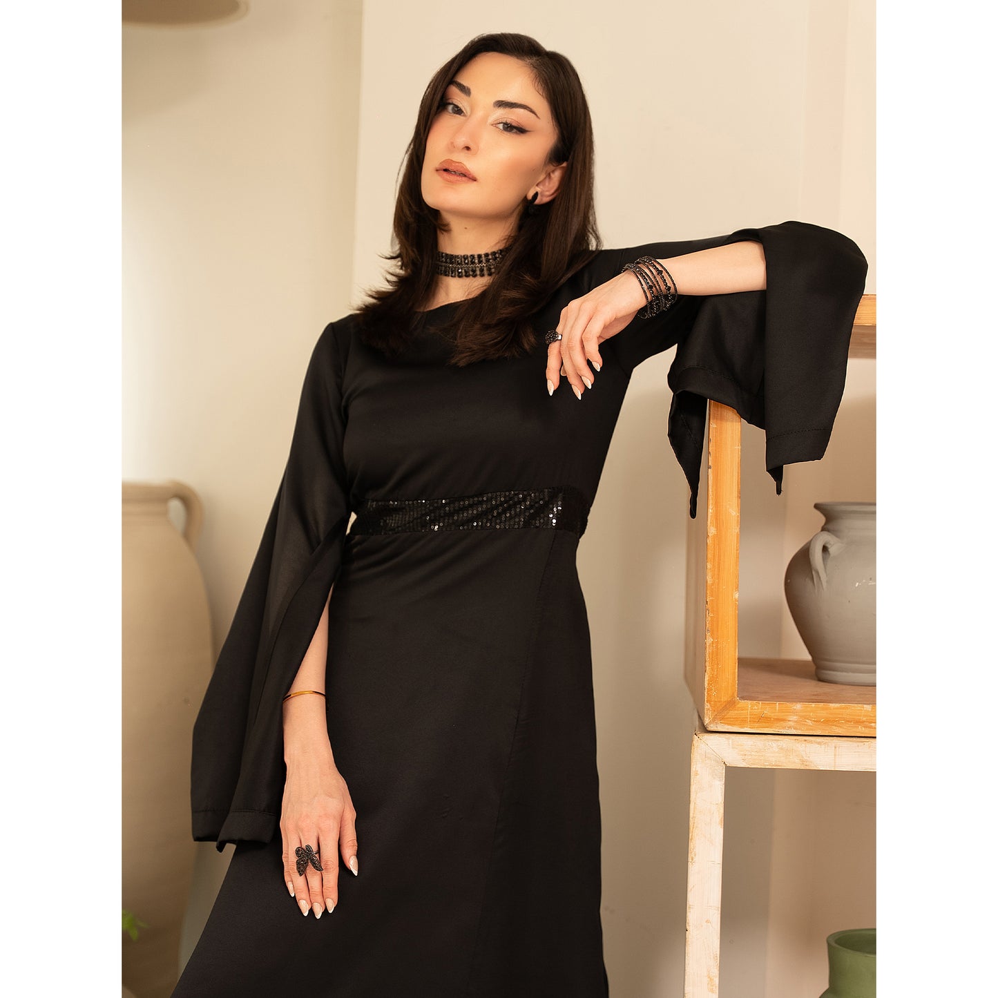 Black Slit-Sleeve Long Dress