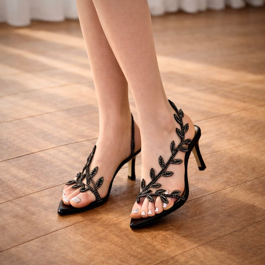 Leaf Embellished Open Toe Heel