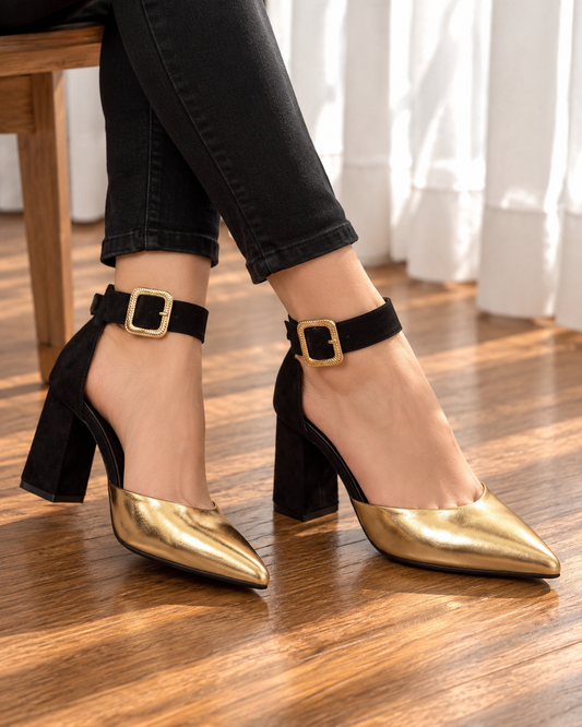Jordan Gold Black Block Heel