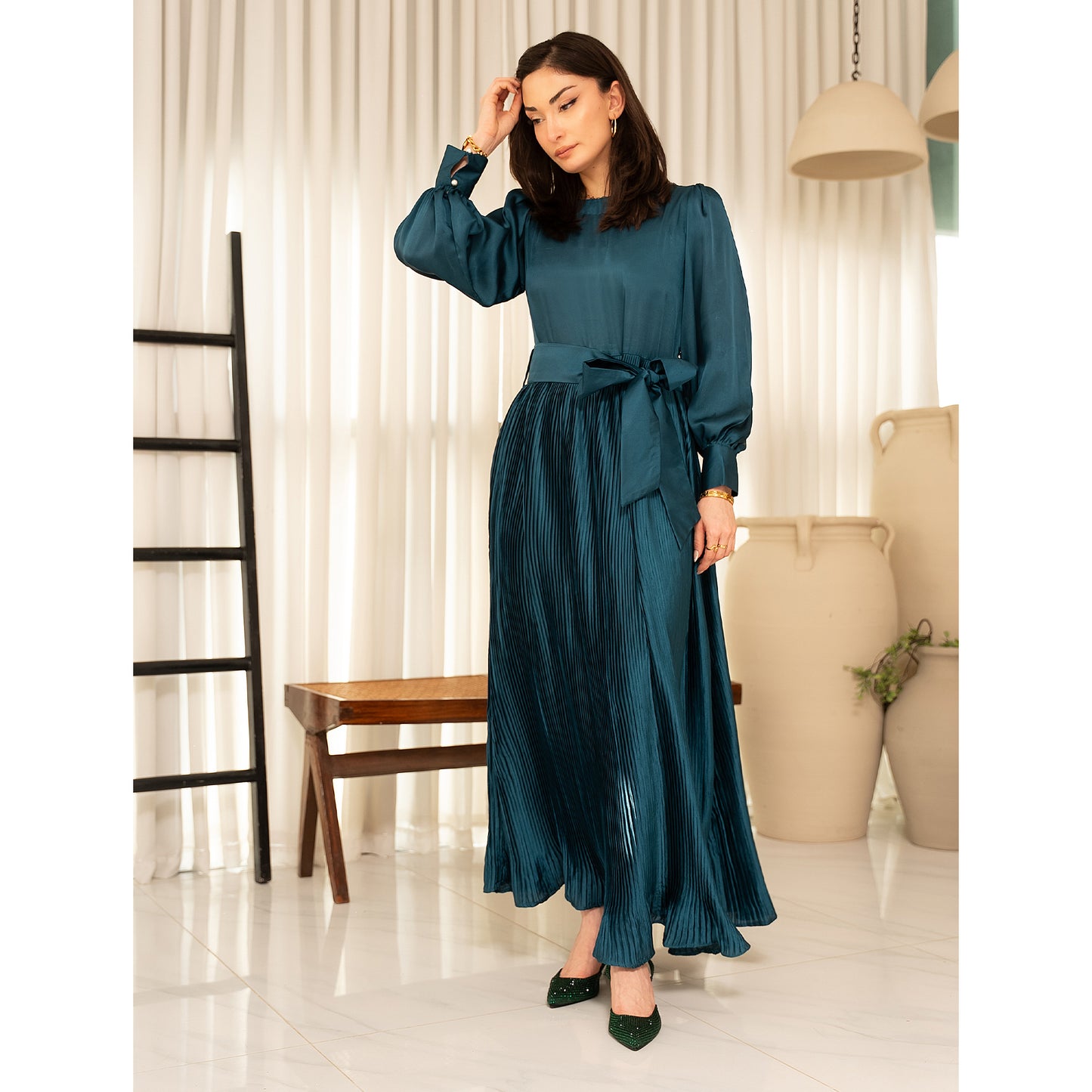 Emerald Pleated Bow Dress