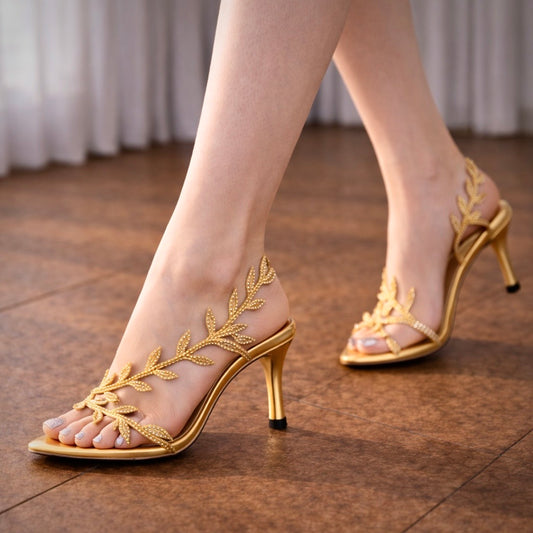 Leaf Embellished Open Toe Heel