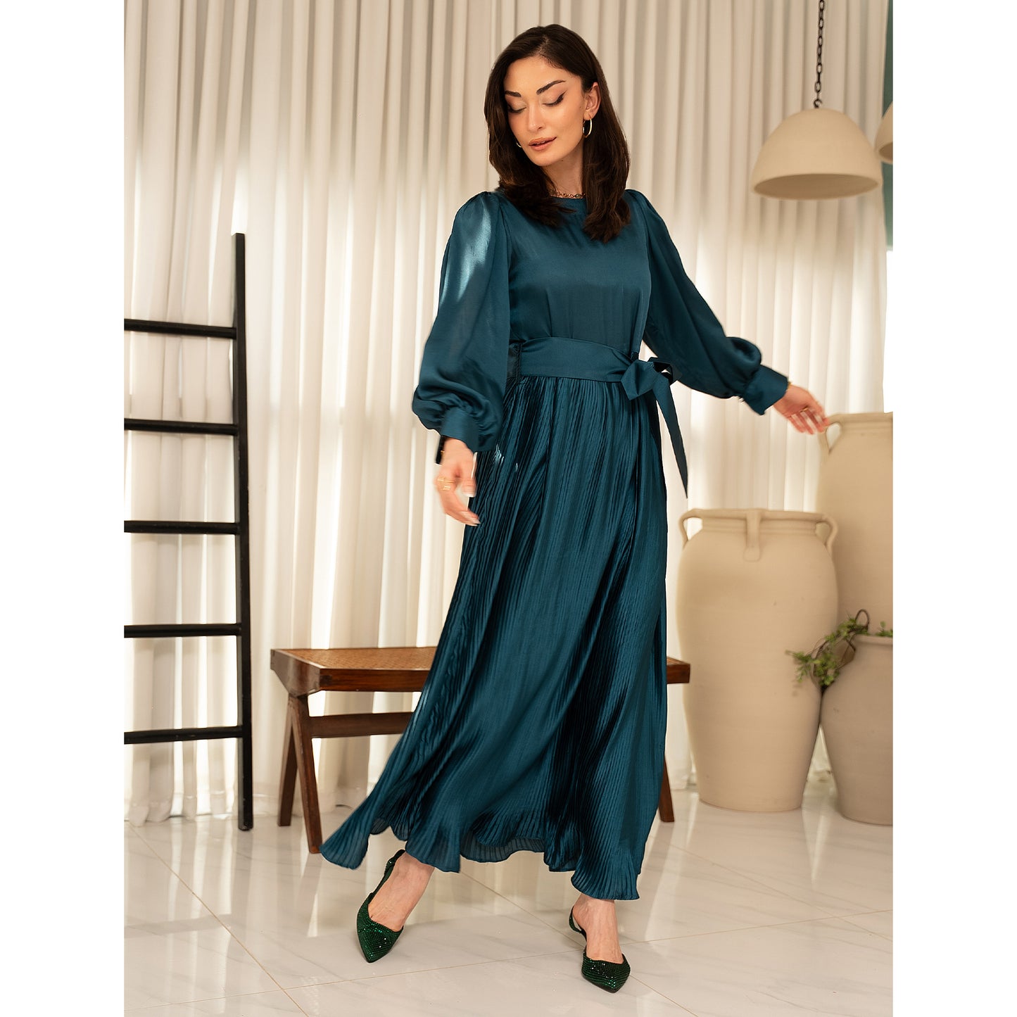 Emerald Pleated Bow Dress