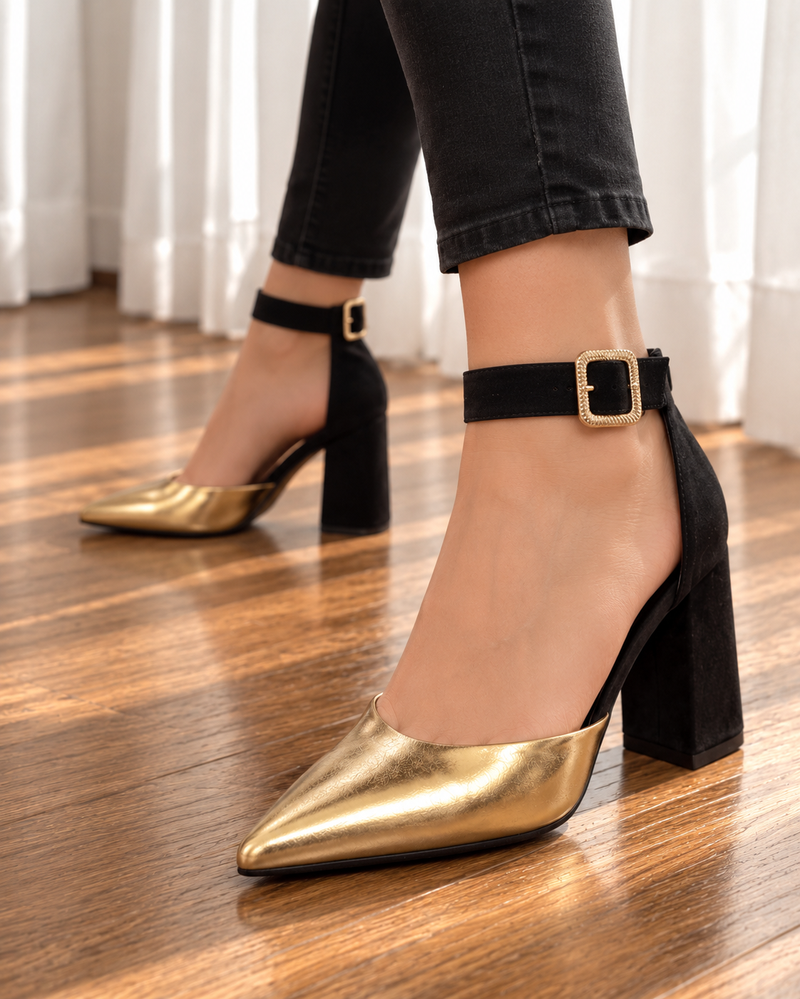 Jordan Gold Black Block Heel