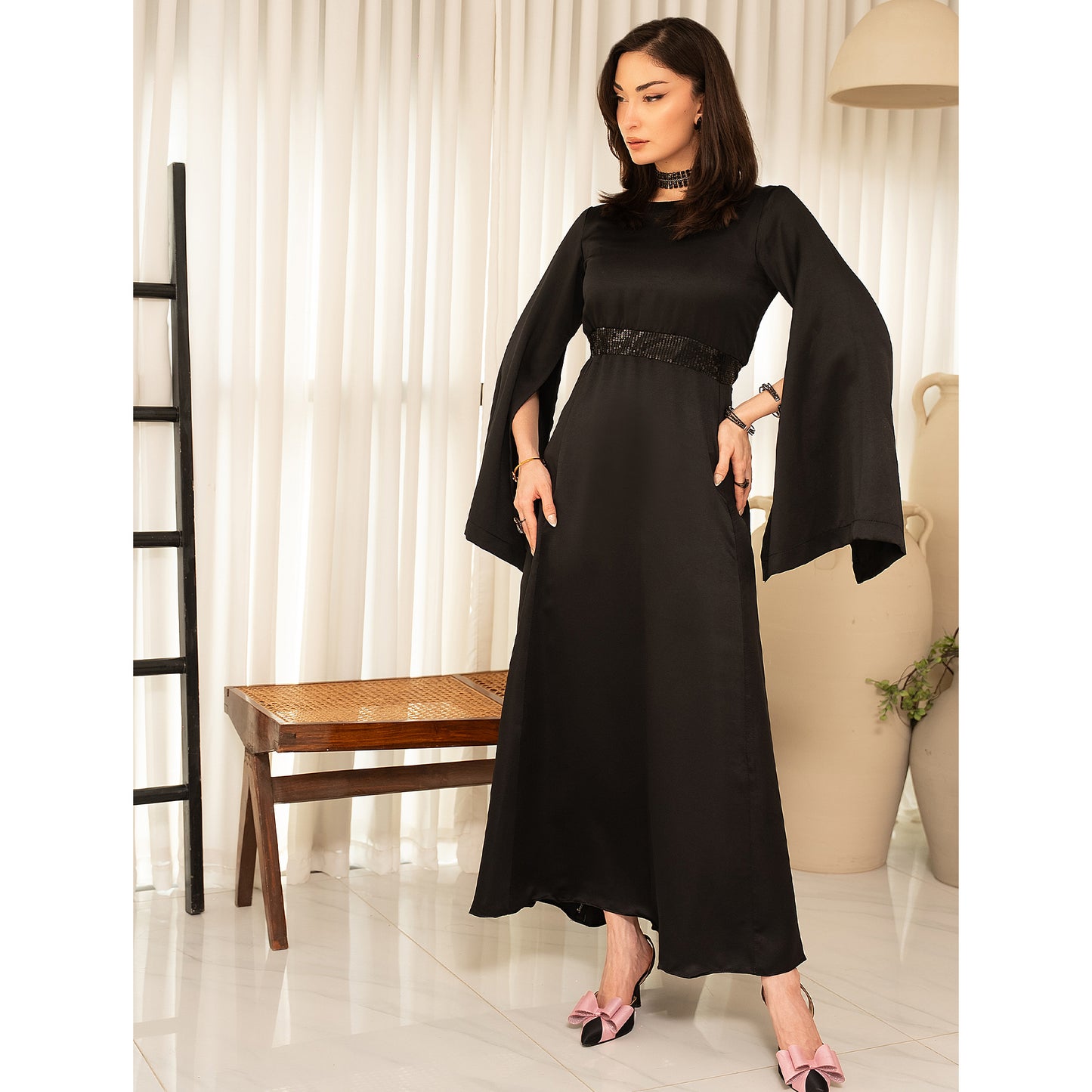 Black Slit-Sleeve Long Dress