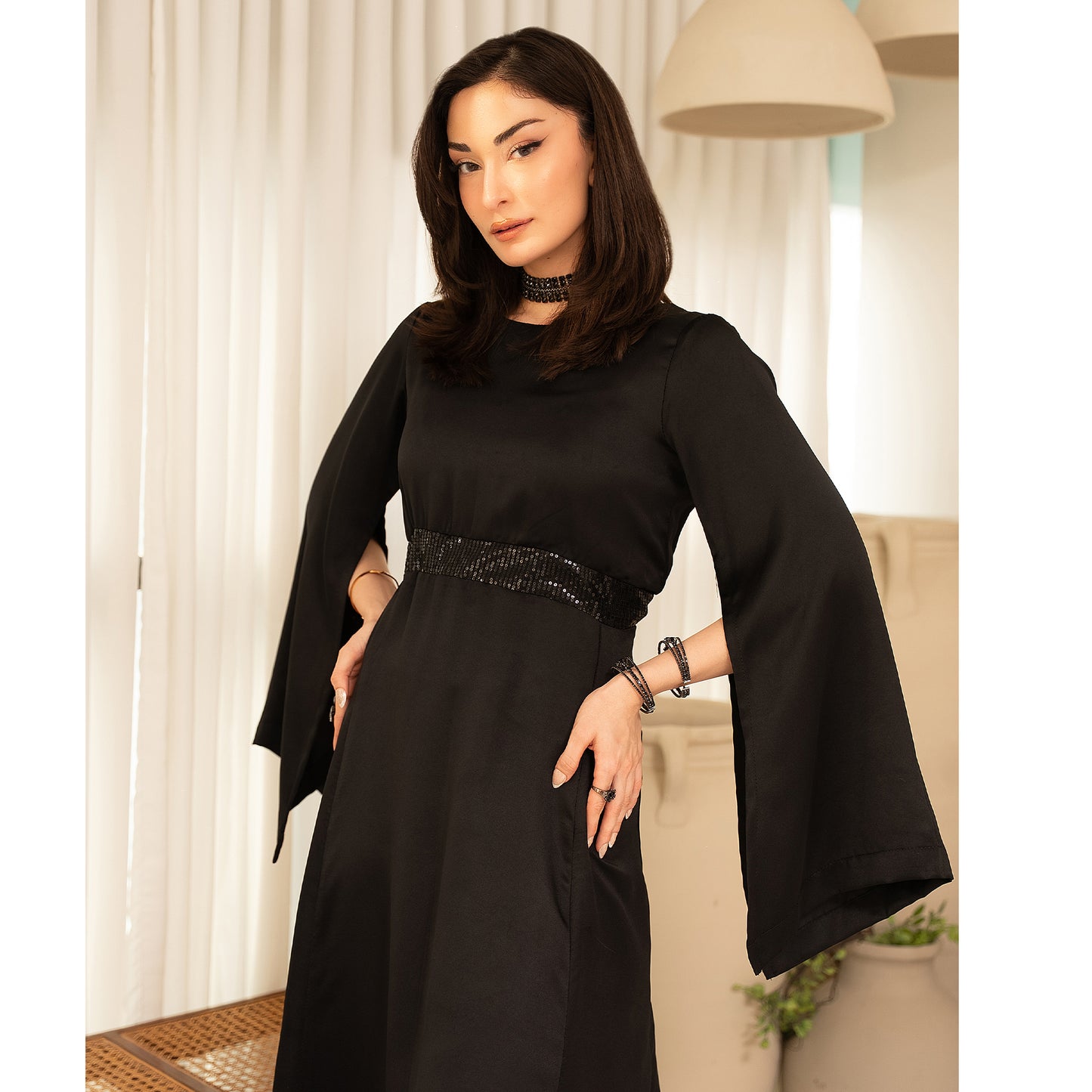 Black Slit-Sleeve Long Dress
