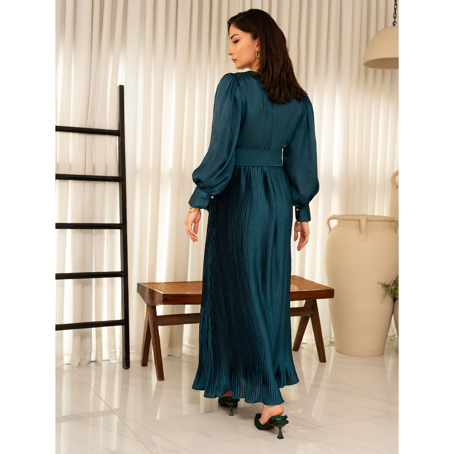 Emerald Pleated Bow Dress