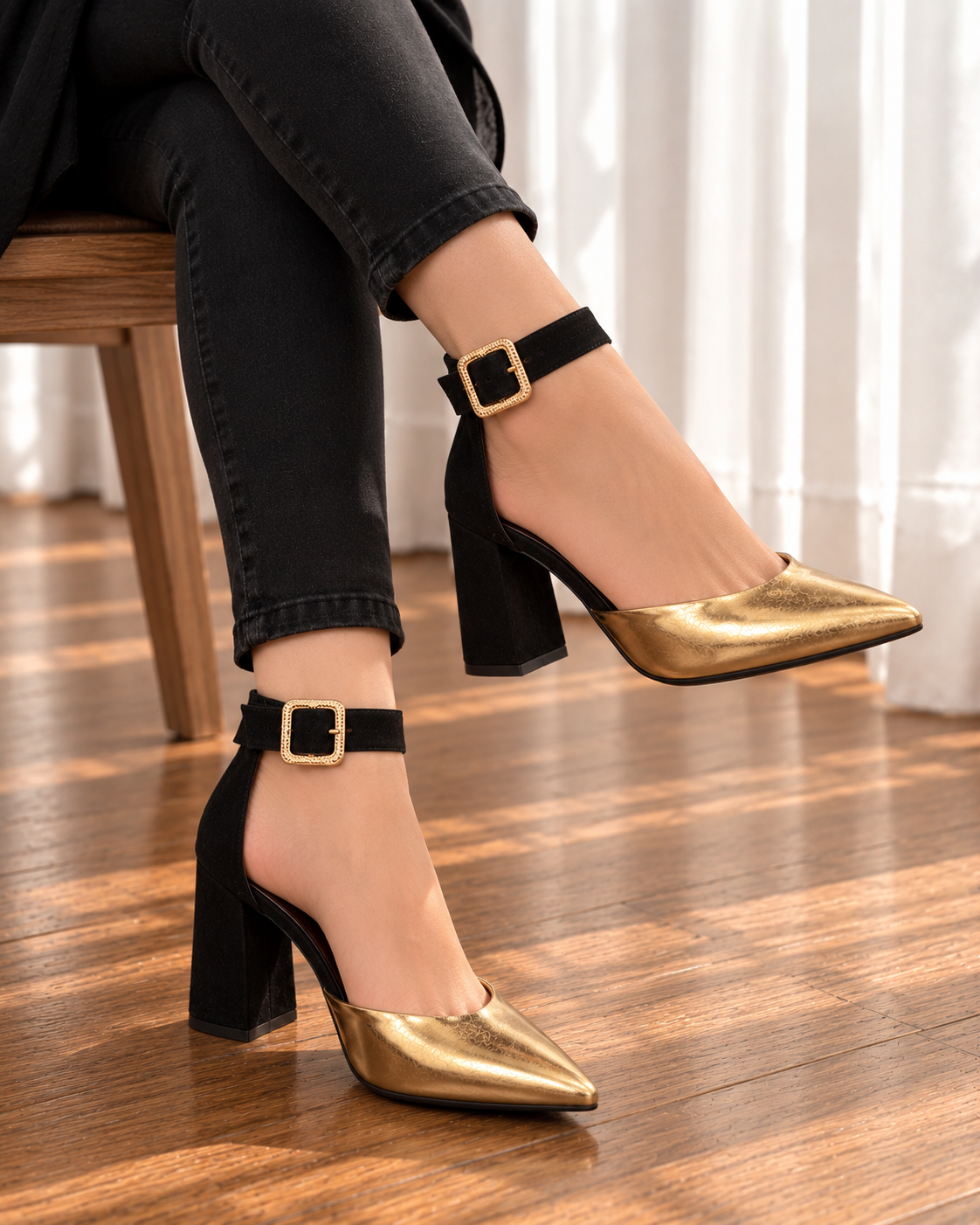 Jordan Gold Black Block Heel