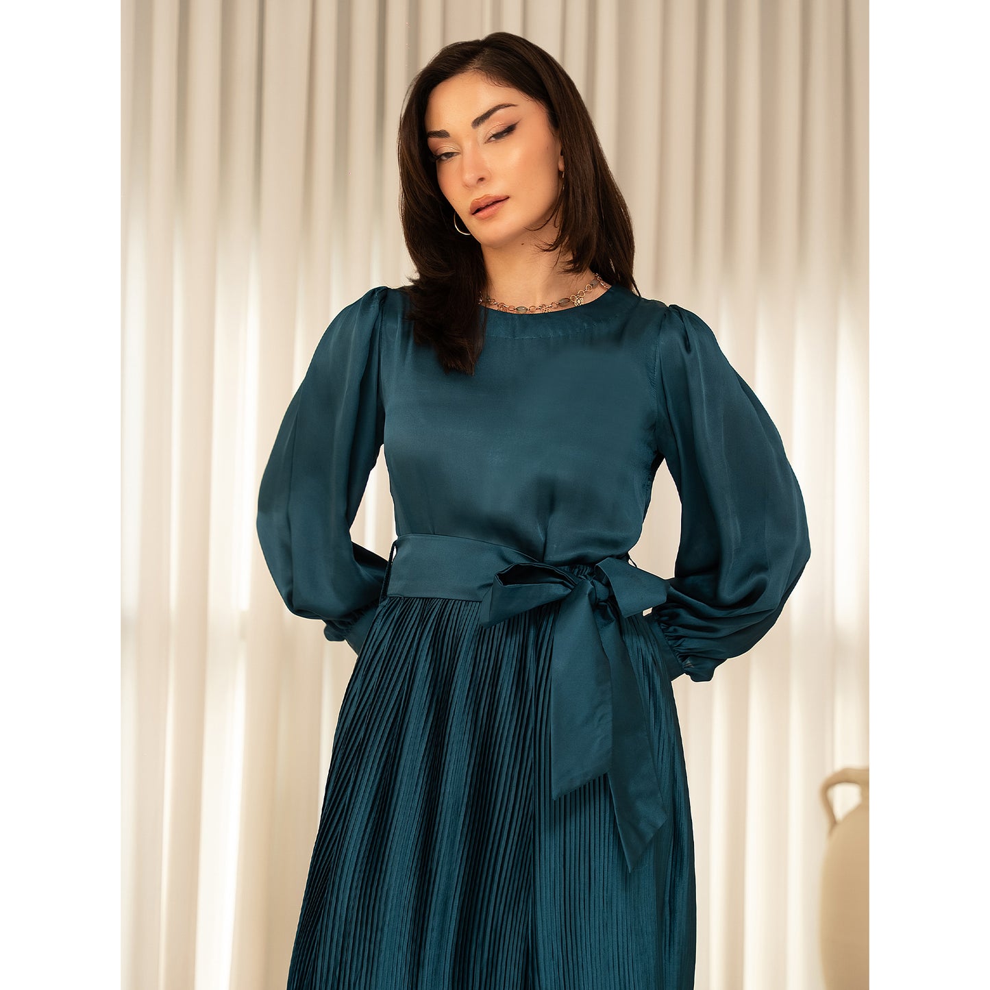 Emerald Pleated Bow Dress